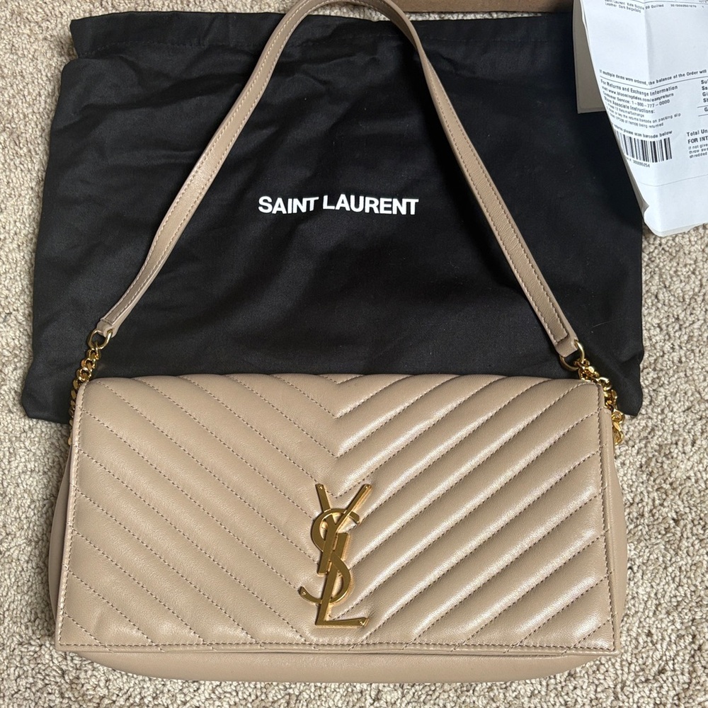 Saint Laurent Kate 99 quilted bag clutch in dark beige/gold